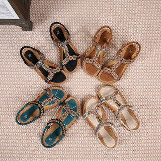 Dép Bằng Phong Cách Mới Bohemian Nữ Mùa Hè Kim Cương Giả Chiều Gió Phẳng Mũi Tròn Miệng Cá Mở Mũi Thoáng Mát