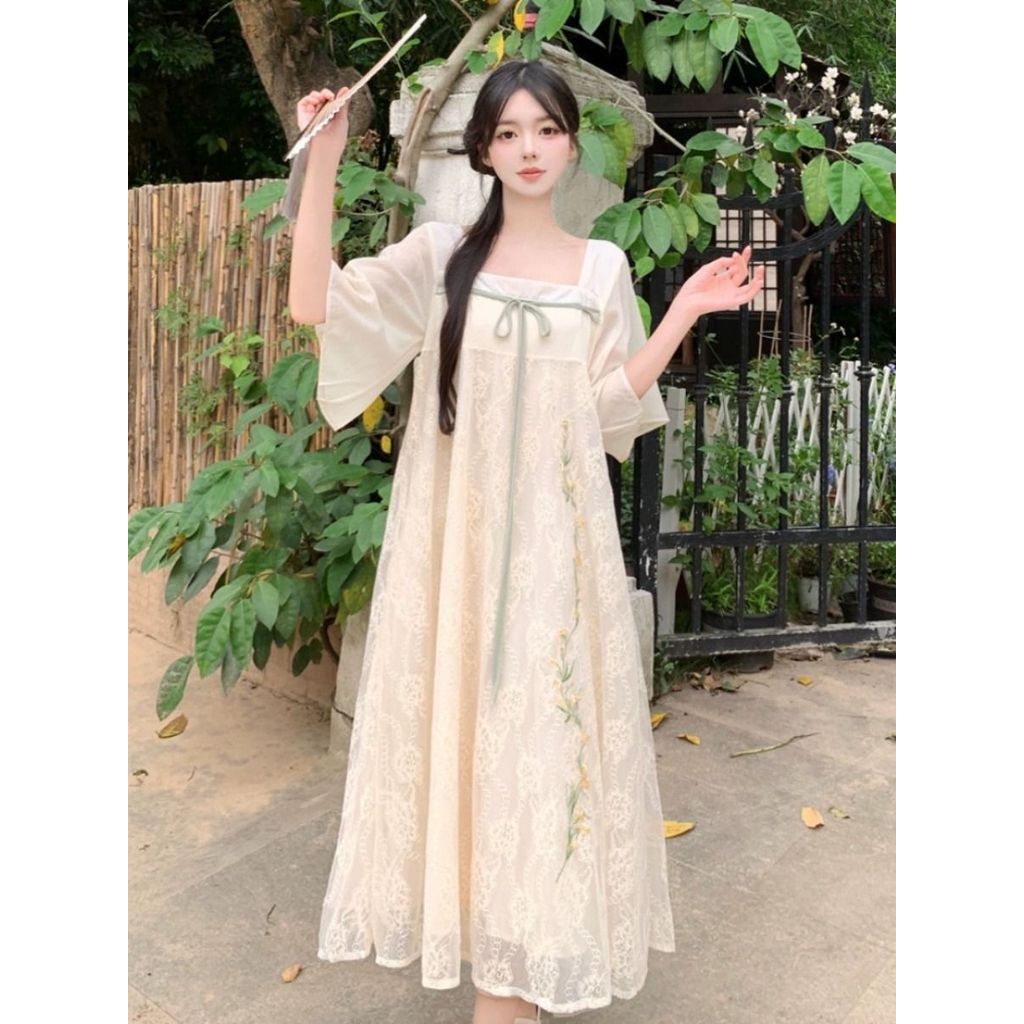 Váy thêu ren phong cách cổ điển Trung Quốc mới dành cho nữ, váy Hanfu dáng rộng dài qua gối cỡ lớn mùa hè