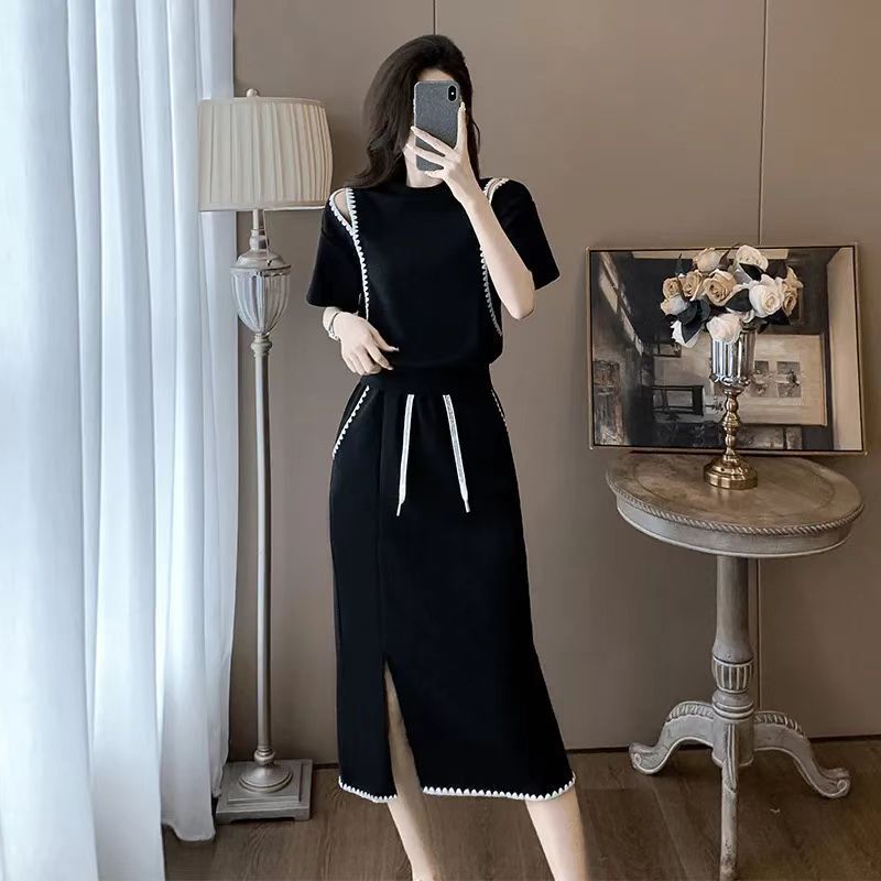 Bộ đồ thời trang kiểu Pháp dành cho nữ, áo ngắn tay và chân váy hai mảnh thanh lịch mùa hè