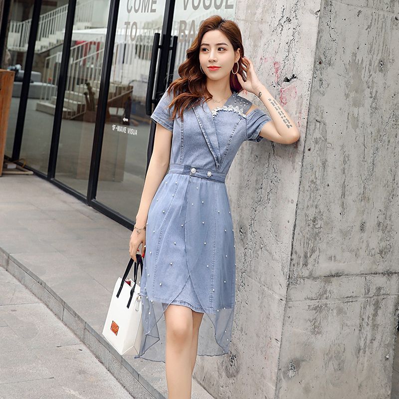 Đầm Xuân/Hè Jinbukang mới, bộ denim lưới với thiết kế dáng rộng ngọt ngào kiểu Hàn Quốc và chiết eo thanh lịch.