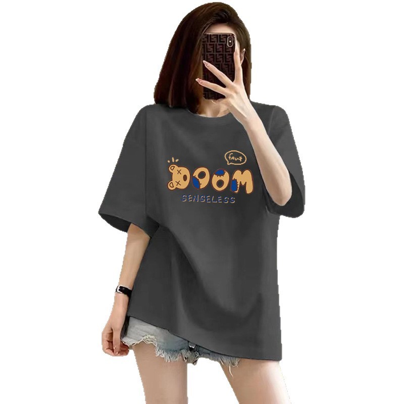 Áo thun nữ cotton nguyên chất cao cấp, phong cách mới mùa hè, áo thun tay ngắn cổ tròn in họa tiết