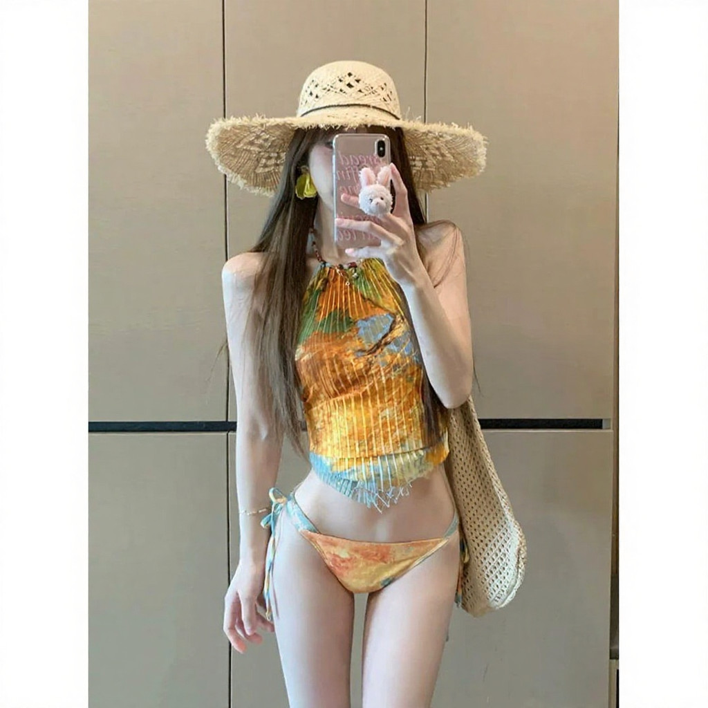 Bộ bikini ba mảnh xếp ly sọc cho mùa xuân nóng