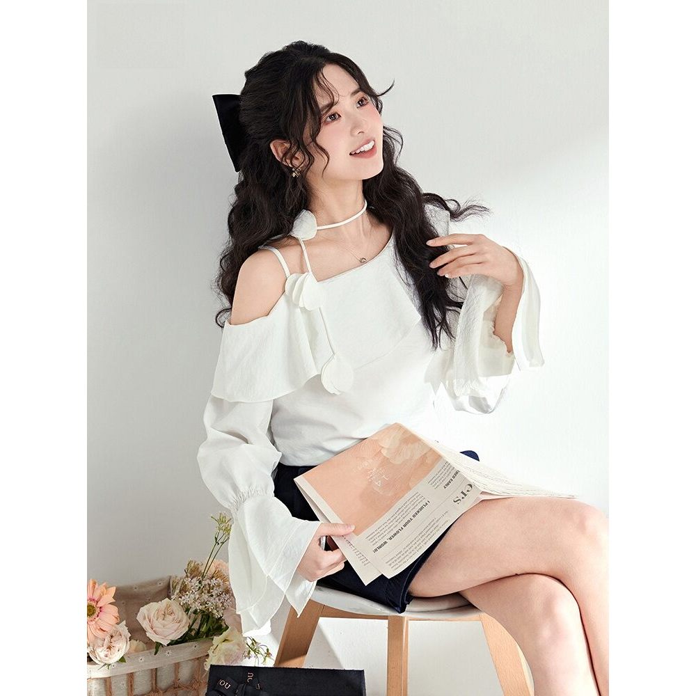 Mutu Áo Sơ Mi Off-The-Shoulder Vàng, Phong Cách Pháp, Thiết Kế Xù, Thích Hợp Mùa Xuân