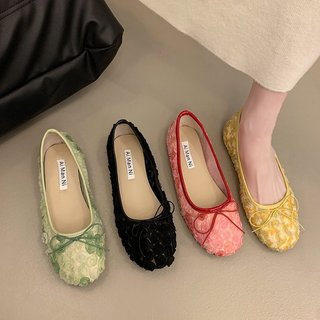 Giày Đế Bằng Nữ Mũi Tròn Slip-On Nông Miệng Nơ
