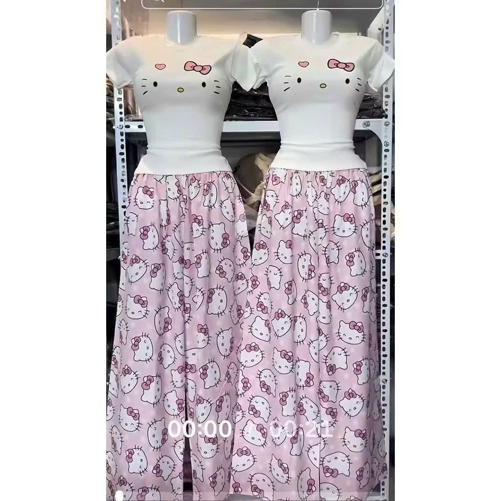 Bộ quần dài kity màu hồng +phối áo CROPTOP hình Mèo đơn giản -thoitrangthubioqa
