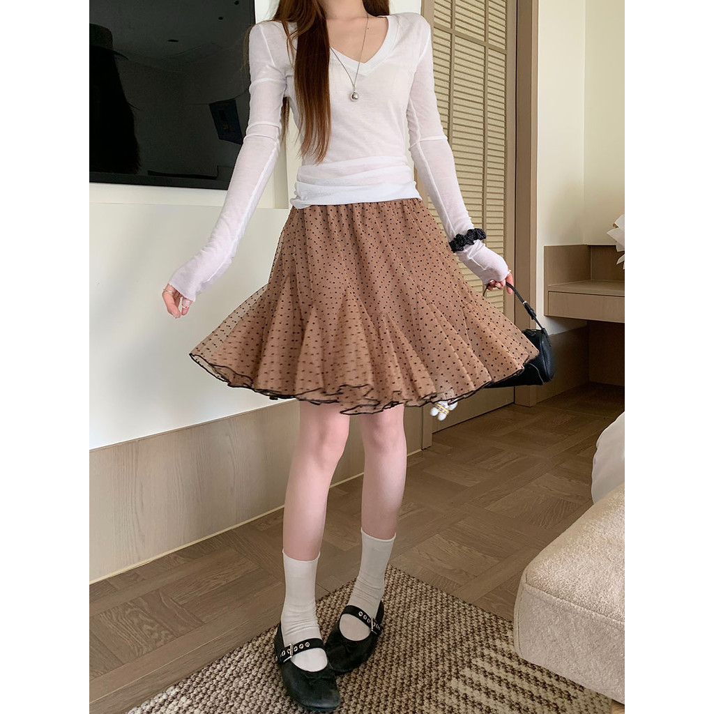 SUXI Váy phồng chữ A chấm bi cổ điển nhẹ nhàng mới 260323