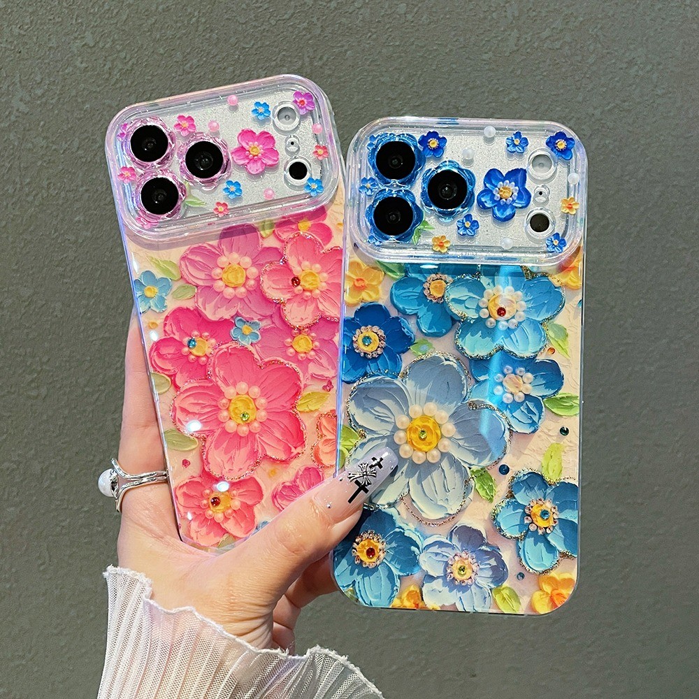 Tranh Sơn Dầu Hoa Xanh Ánh Sáng Bên Kim Cương Ốp Lưng Điện Thoại iPhone 17 Pro Max 16 15 14 13 Vỏ Bảo Vệ Chống Sốc