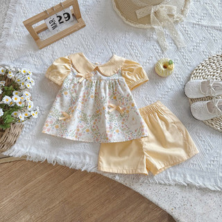 [8-26kg] Set Bộ Cổ Sen Cộc Tay Đính Nơ Cho Bé Gái Chất Thô Lụa Xanh- Vàng