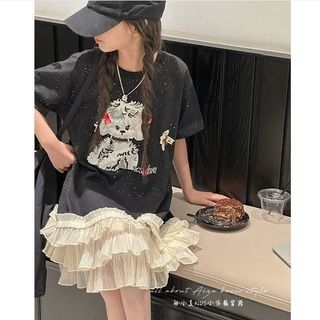 Váy liền cho bé gái kiểu áo thun - váy in hình phối chân váy lưới xếp tầng dễ thương mùa hè
