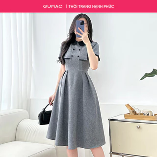 Đầm nữ dáng A xòe GUMAC màu xám phối lá cổ đen vải bố cotton tiểu thư thanh lịch LDF0507