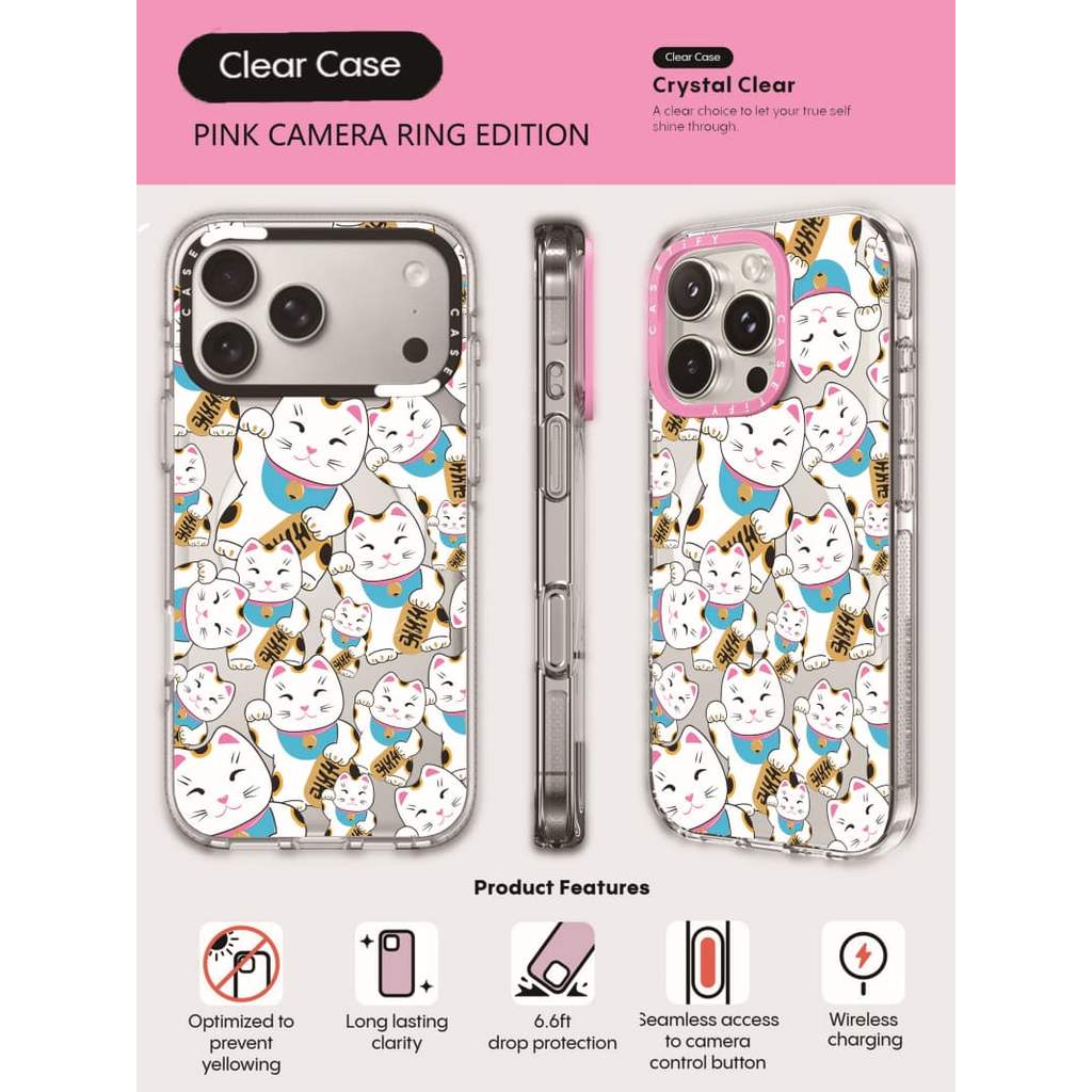 CASECASE X Blue Money Cat Phone Case HỒNG CAMERA RING EDITION Tác động Vỏ hút từ tính trong suốt cho iPhone 17 / 16 / 15 / 14 / 13 Pro Max Air với bao bì cao cấp