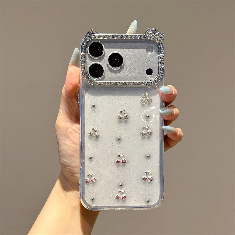 Ốp điện thoại anh đào tai mèo kim cương lấp lánh cho iPhone 17 Pro Max 17 16 15 14 13 12 11 Vỏ điện thoại chống rơi