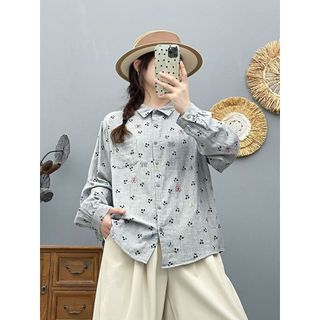 Áo sơ mi nữ tay dài phong cách Mori art, sợi cotton cao cấp, in mềm mại