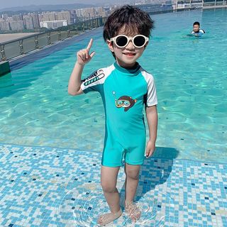 Đồ bơi liền thân cho bé trai - áo ngắn tay nhanh khô chống nắng in hình dễ thương đi bơi