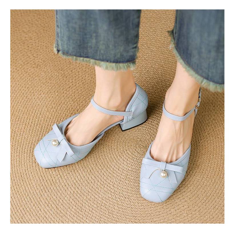 VNMZG34-39 Size Lớn Mùa Hè Giày Sandal Che Phủ Ngón Chân Bằng Dây Đeo Ngọc Trai Ngọt Nơ Trang Trí Gót Chân-Covered Nữ