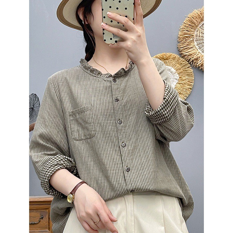 Áo sơ mi nữ cotton kẻ caro, dáng rộng cổ tim, thoải mái cho mùa xuân