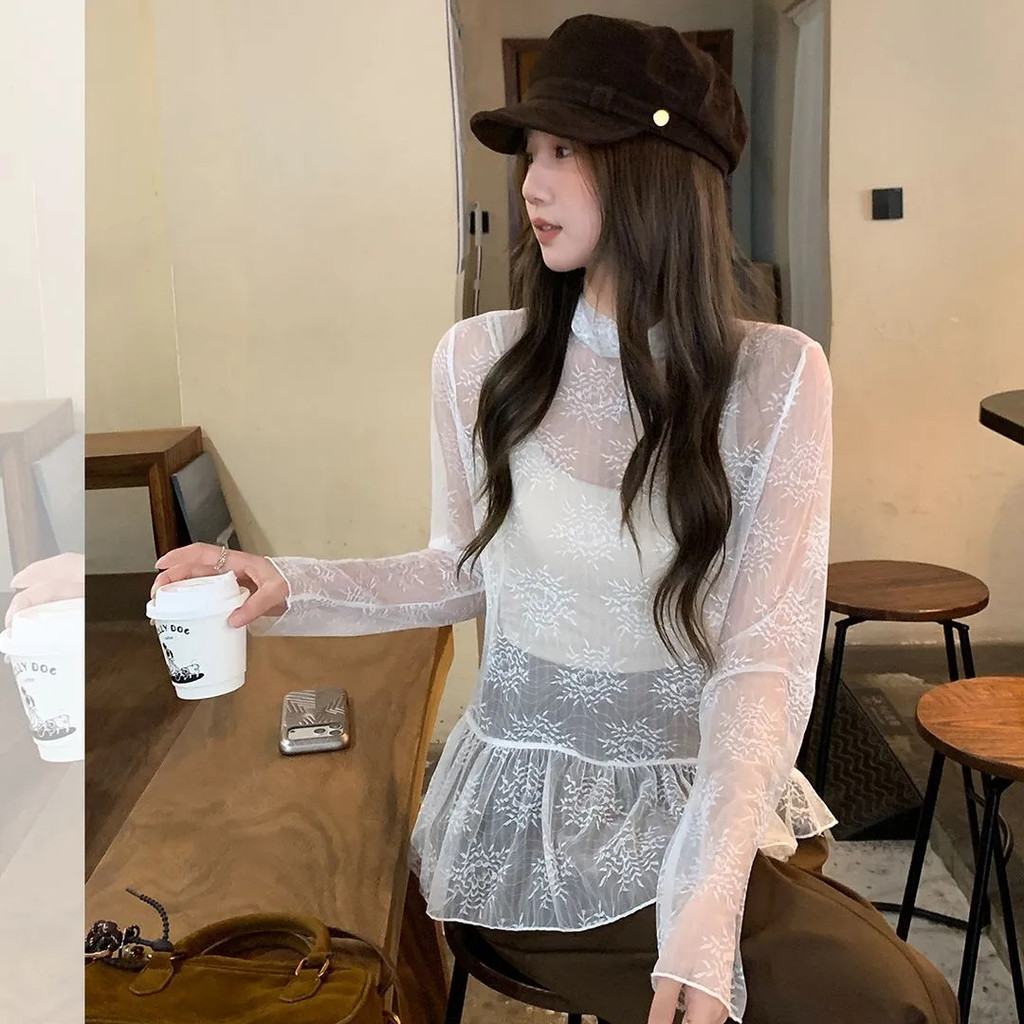 Milyfashion See-Through Trắng Nửa Cổ Cao Ren Mỏng Tay Áo Thun Vải Jacquard Phong Cách Ballet
