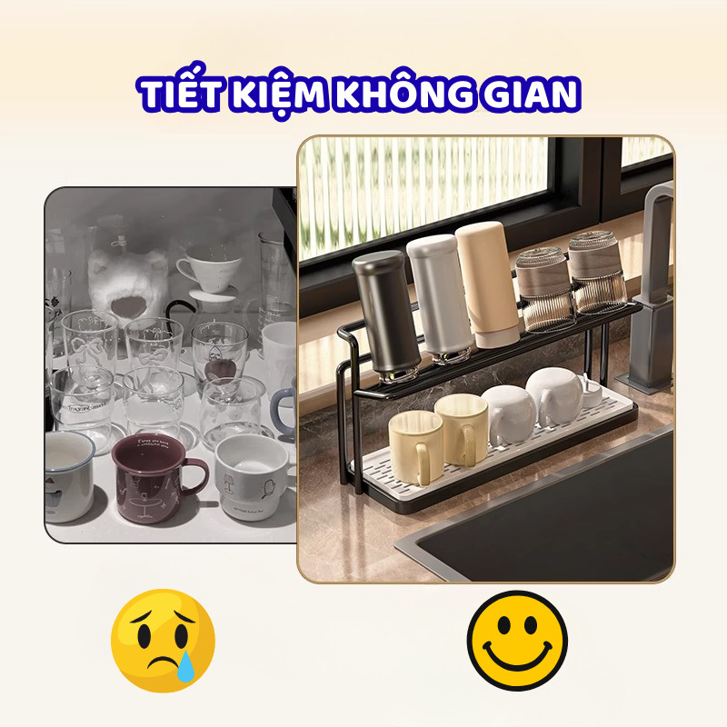 Giá Úp Cốc 2 Tầng Thép Carbon Cao Cấp DINO – Kệ Để Ly Cốc Có Khay Hứng Nước Tiện Lợi, Kệ Để Đồ Nhà Bếp