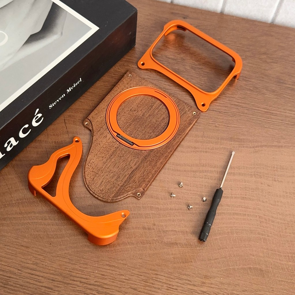 Hợp kim nhôm sang trọng không vành 360°Ốp điện thoại giá đỡ từ tính cho IPhone 14 15 16 17 Pro Max Vỏ kết cấu gỗ óc chó chống sốc