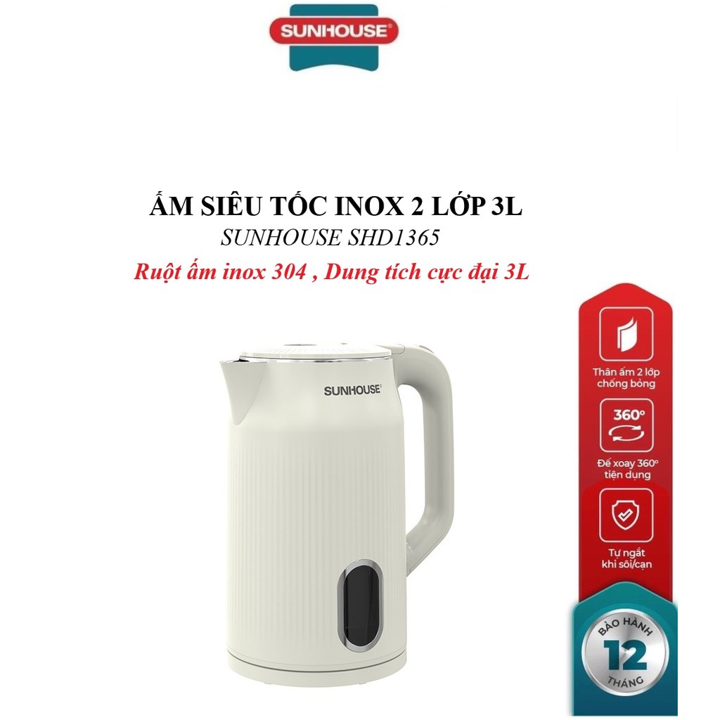 ẤM SIÊU TỐC INOX 2 LỚP 3L SUNHOUSE SHD1365, Ruột ấm Inox 304 , Công ...