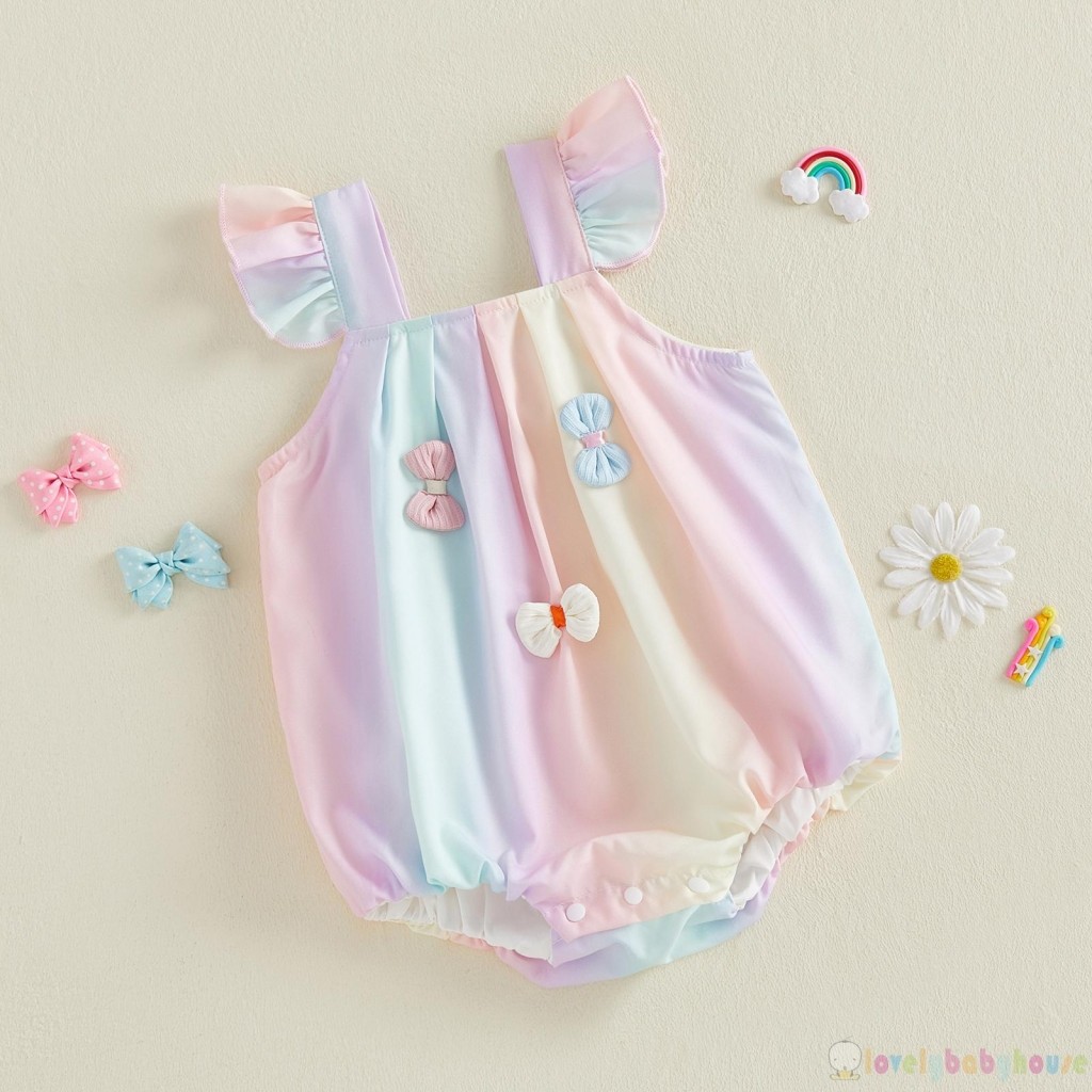 LBH-Baby Bé Gái Thời Trang Mùa Hè Đầy Màu Sắc Nơ Trang Trí Áo Liền Quần Cổ Vuông Tay Bay