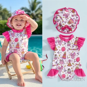 6 tháng-5 tuổi Trẻ Em Bé Gái Nơ Cupcake Tay Bay Zip-up Đồ Bơi Một Mảnh Có Mũ
