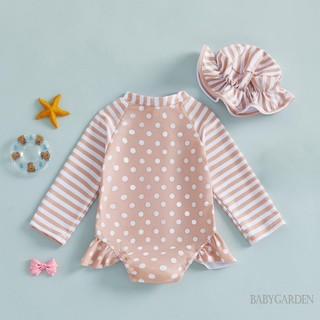 6M-4Y Tập Đi Bé Gái Rash Guard Đồ Bơi Dễ Thương Thời Trang Tay Dài Sọc Chấm Áo liền quần Có Mũ 2 Chiếc Đồ Bơi
