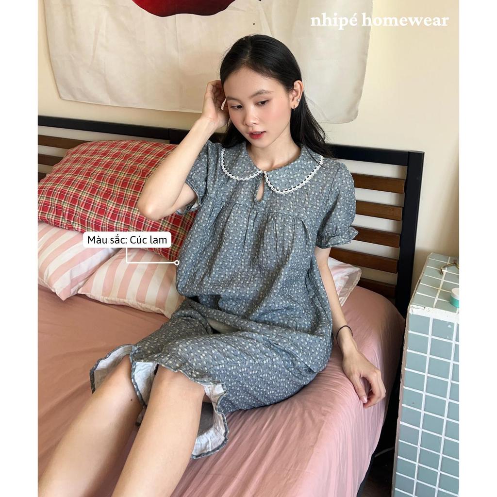 Bộ đồ xô tay bồng quần lửng cổ sen Nhipé homewear nữ set đồ ngủ mặc nhà chất liệu cao cấp mềm mịn thoáng mát