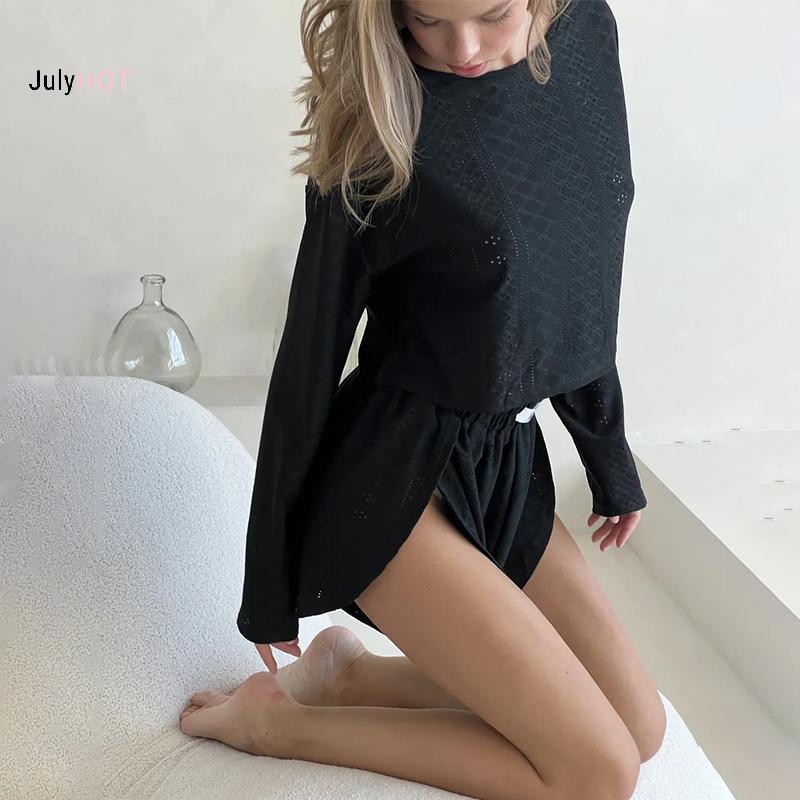 Bộ đồ ngủ rỗng JULYHOT dành cho nữ Bộ đồ ngủ dài tay dáng rộng Top Chia lưng thun Quần ngắn Bộ đồ lót