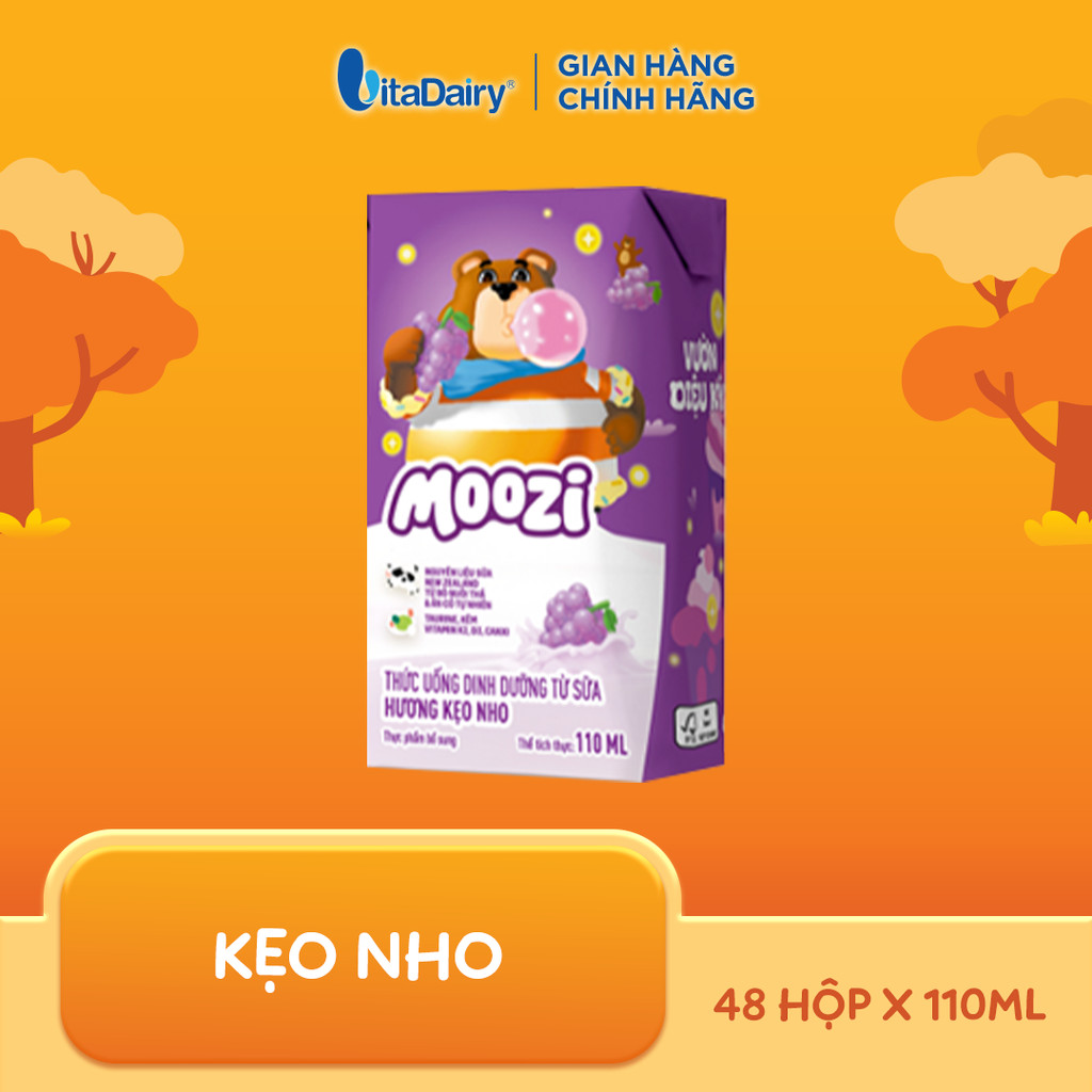[THÙNG 48 HỘP] Thức uống dinh dưỡng Moozi nhiều hương Kẹo Nho/Socola Lúa Mạch/Dưa Lưới/Cam Đào/Dâu/Ổi Chanh Dây - 110ml