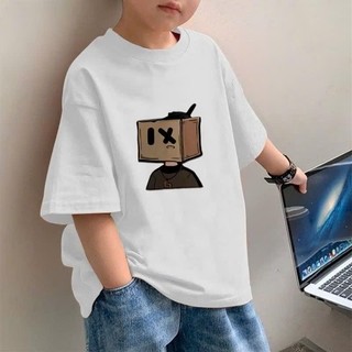 Áo thun mỏng cổ tròn in hình robot hoạt hình bằng bìa cứng dành cho bé trai, kiểu dáng giản dị và thời trang.