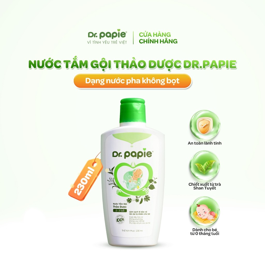 Nước Tắm Gội 2 IN 1 Thảo Dược Shan Tuyết Làm Mát Da Giảm Mẩn Đỏ Dr.Papie 230ml dành cho bé sơ sinh