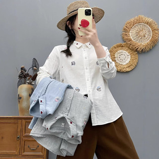 Áo sơ mi nữ 100% sợi cotton phong cách nước ngoài, họa tiết thêu tay dài, phù hợp mùa xuân 2026