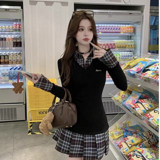 Đầm nữ cổ bẻ phối caro tay dài eo cao xếp ly chữ A ngắn phong cách học sinh Closet Diary