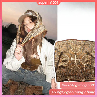 (Vận chuyển địa phương) Khăn vuông Paisley punk giả lụa, thiết kế cao cấp dành cho nữ