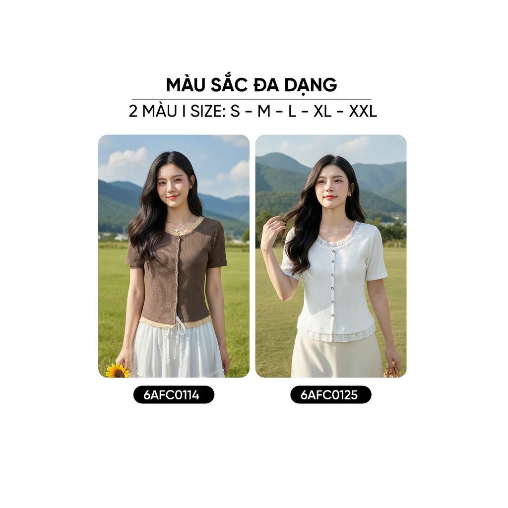 Áo thun nữ CARDINA chất tăm cotton cộc tay phối cổ tròn 6AFC01