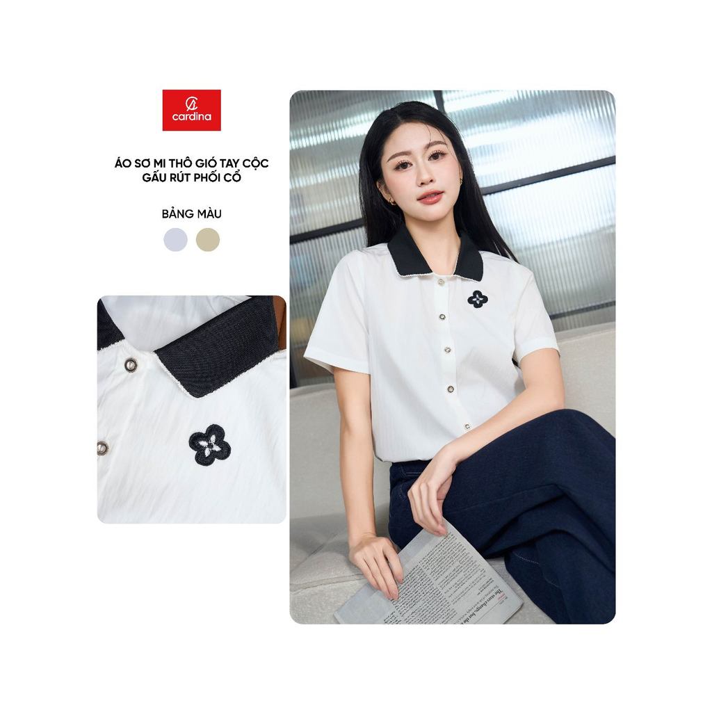 Áo sơ mi nữ CARDINA chất thô gió tay cộc gấu rút phối cổ 6ASC03