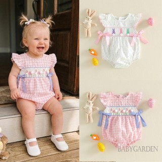 Bé Gái Phục Sinh Romper Màu Hồng Gingham Ruffle Flutter Tay Smocked Bunny Bow một mảnh