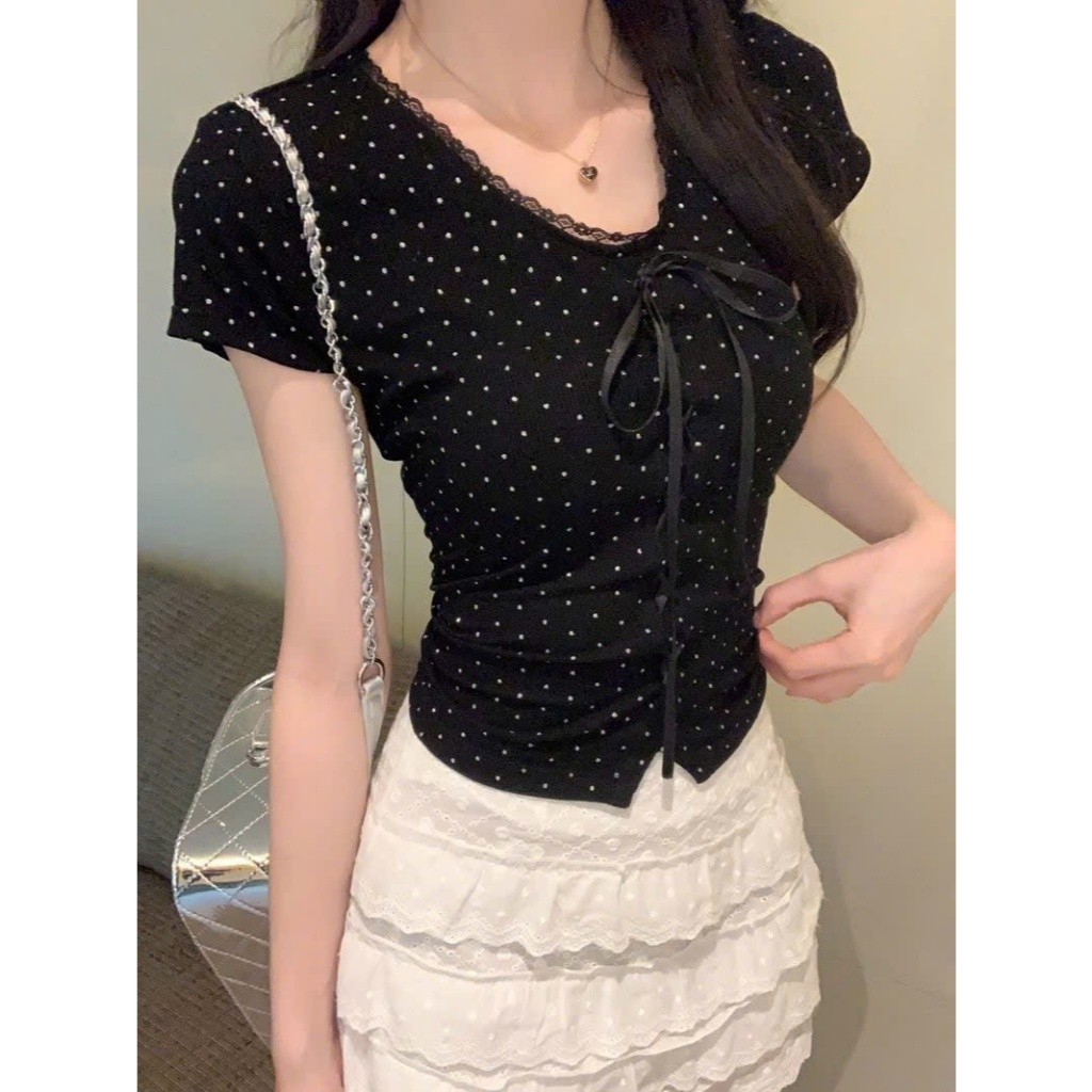 Áo cộc tay nữ thiết kế chấm bi phối nơ xu hướng hottrend hàng QCCC XIMIMI SP424