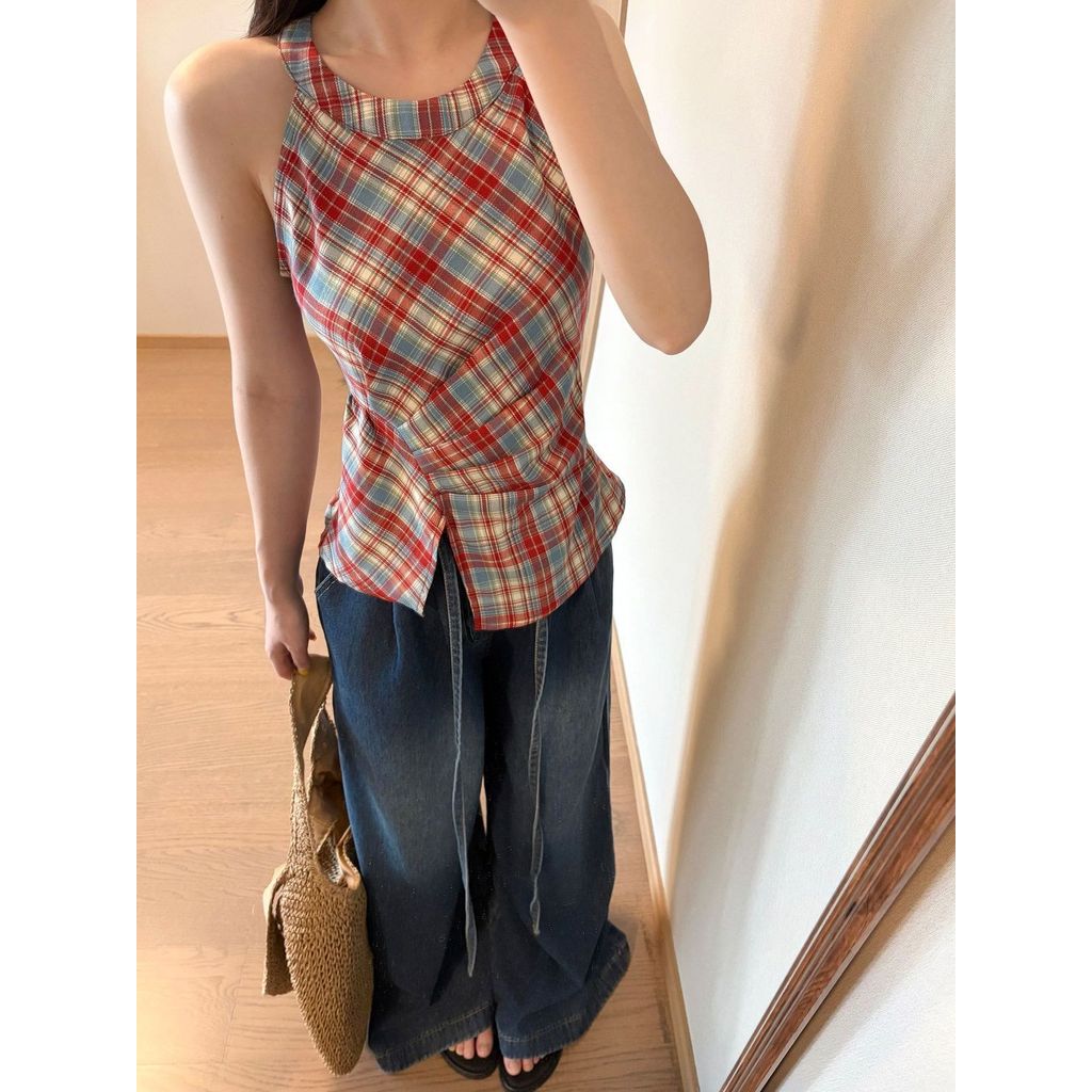 Milyfashion Y2K Top Kẻ Sọc Đỏ Cổ Dây Thắt Nút Sling Không Tay