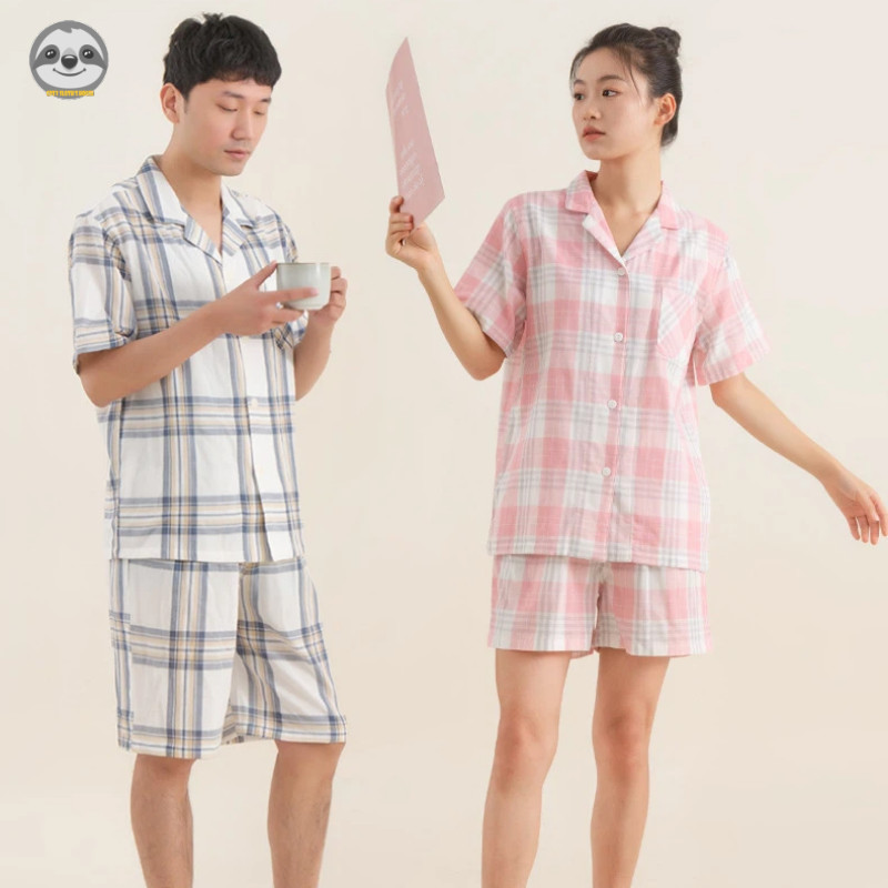 Phong cách Nhật Bản Muji Style / Cặp đôi kẻ sọc Cotton nguyên chất Quần short ngắn tay Loungewear / Nam Nữ Mùa hè mát mẻ Loungewear / Bộ đồ ngắn tay thoáng khí thoải mái
