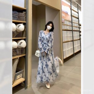 <![Giảm giá 10% trong thời gian có hạn] Váy dài plus size màu xanh in hình bướm, cổ và tay chữ V, phù hợp ngày lễ