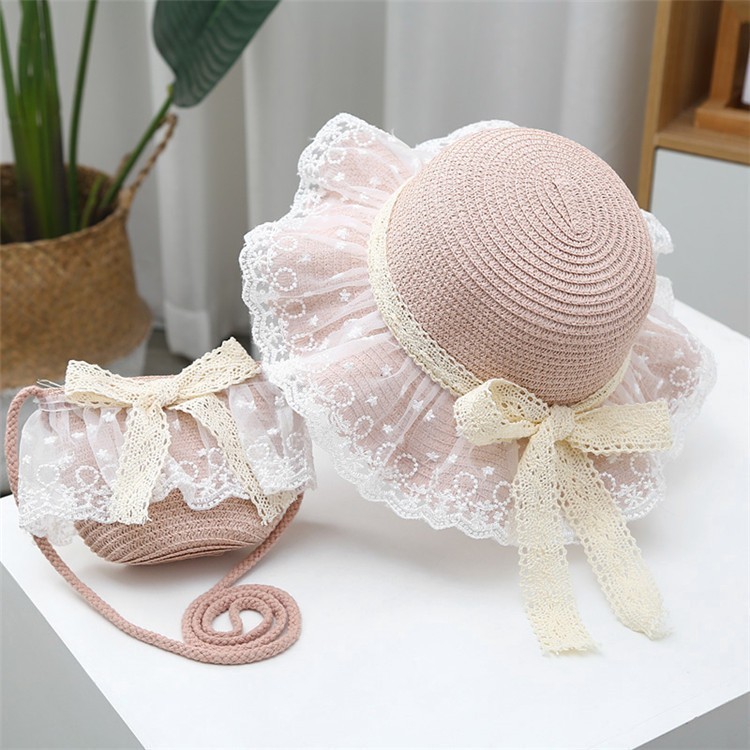 Mũ bé gái có vòng đầu 52Cm vành lượn sóng phối ren nơ ren có dây điều chỉnh vòng đầu