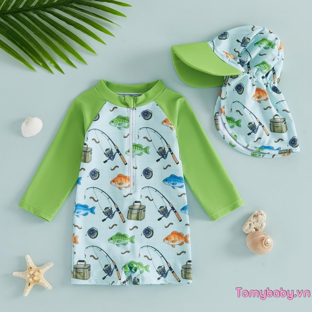 Đồ bơi bé trai tập đi in hình dài tay Rash Guard Bộ đồ tắm có khóa kéo nửa có mũ