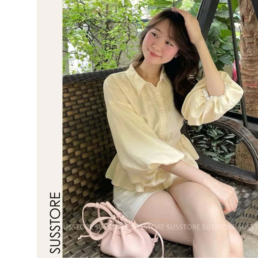 [Peinn] Áo Sơmi Bo Eo Lưng Chun Tay Bồng Cúc Dọc Đũi Hàn A377226 - Sam Botique