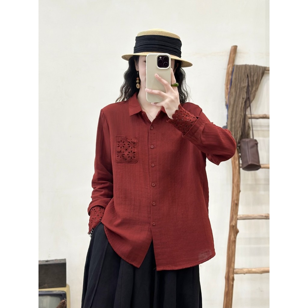 [Hàng có sẵn] Áo sơ mi nữ 100% cotton và ren, chất lượng cao, phù hợp mùa xuân