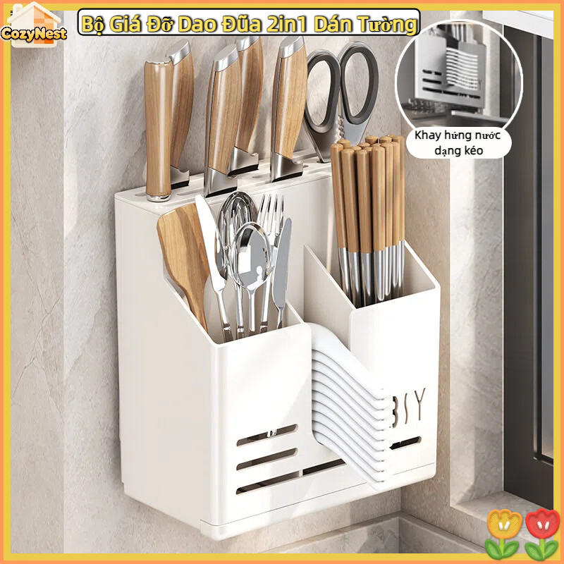 Bộ Giá Đỡ Dao Đũa 2in1 Dán Tường | Khay Đựng Muỗng Nĩa Gọn Gàng | Tiết Kiệm Không Gian Bếp
