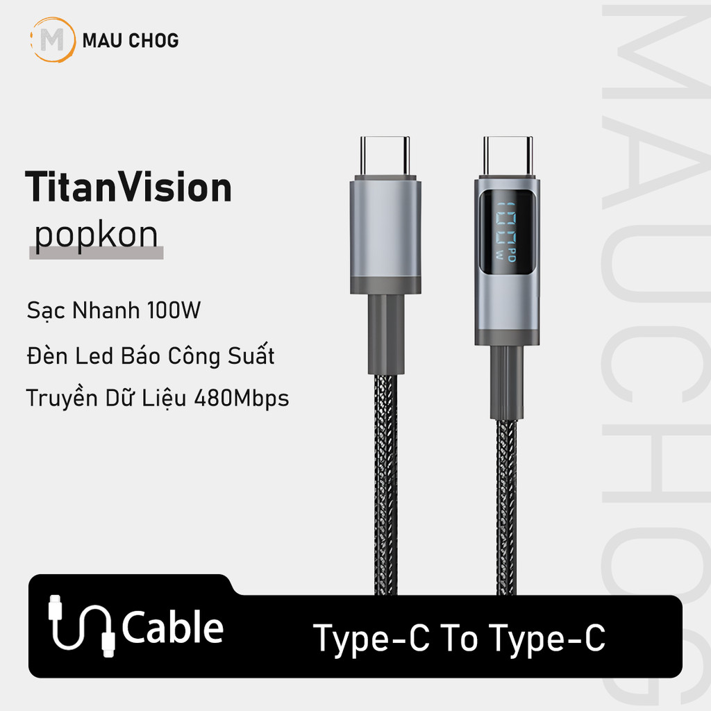 Cáp Sạc Nhanh 100W Type C E-Marker Có Đèn Led Báo Công Suất Cho Điện Thoại iPhone iPad Macbook