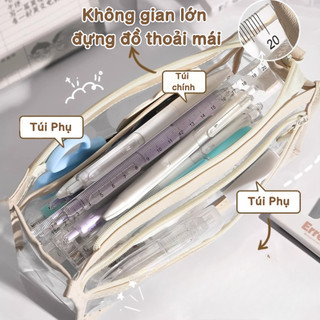 Túi Đựng Bút Trong Suốt 2 Ngăn Lưới Cao Cấp, Hộp Đựng Bút Nhựa PVC Chống Nước, Thiết Kế Tiện Lợi