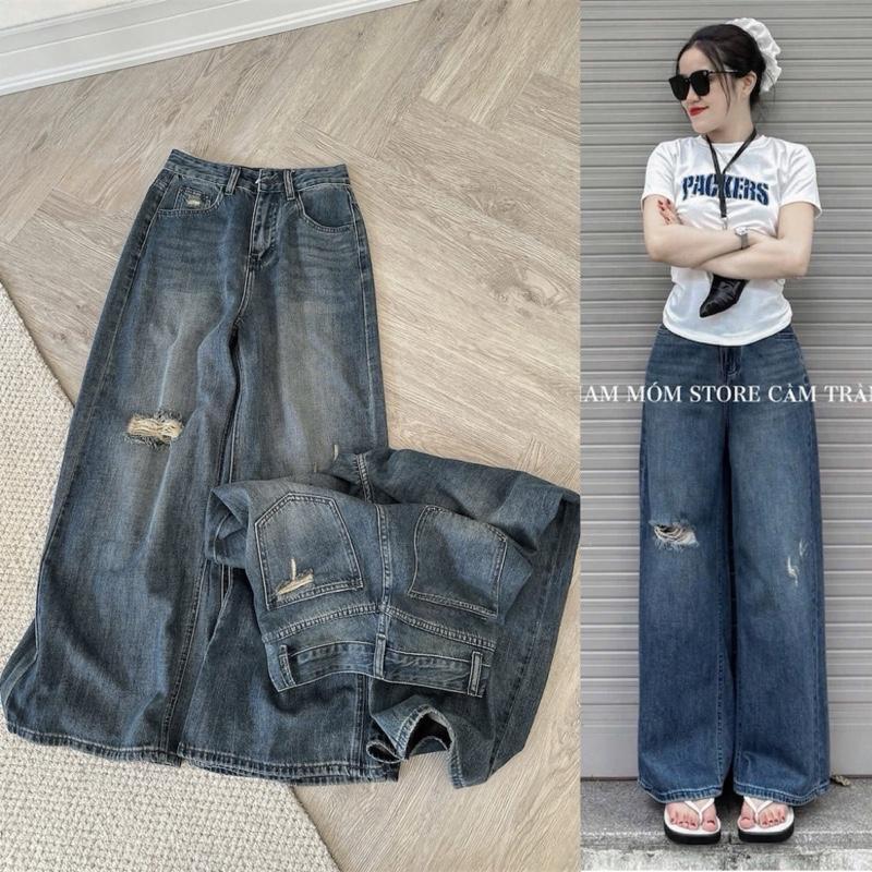 Quần Jean Nữ Ống Suông Rách Nhẹ Chezi House, Quần Bò Nữ Xanh Ánh Mài Dáng Suông Vừa Hack Dáng Dài 98cm CHEZI HOUSE #8324